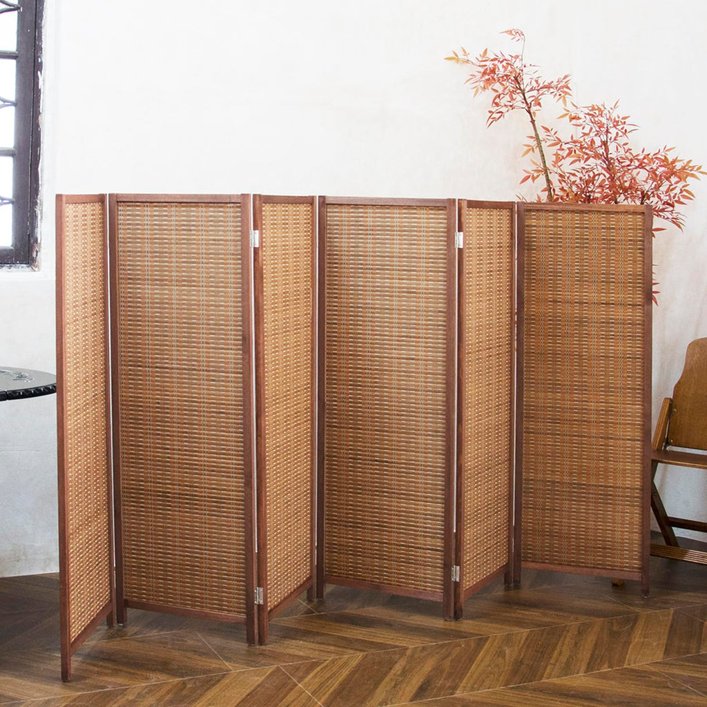 6 Panel Short Room Divider Screen, Brown Freestanding Partition, Small Bamboo Panel Divider for Room Seperation, 3.95 FT