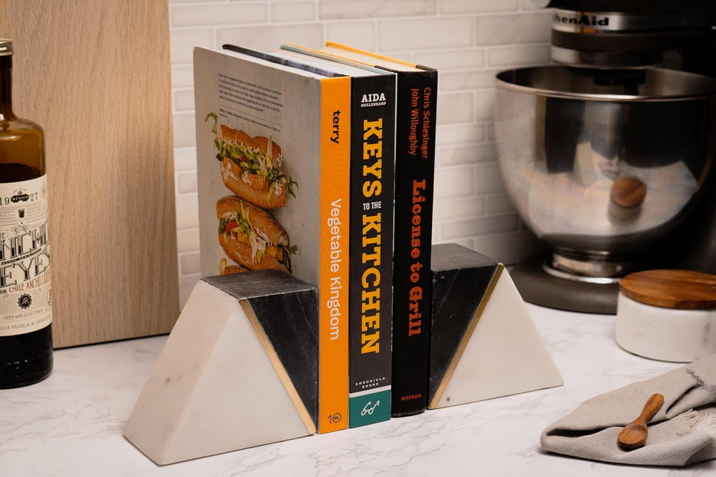 Marble Bookends with Gold Brass, Grey and White, Set of 2 | Heavy Book Ends for Shelves, Solid Stone Bookshelf Decor