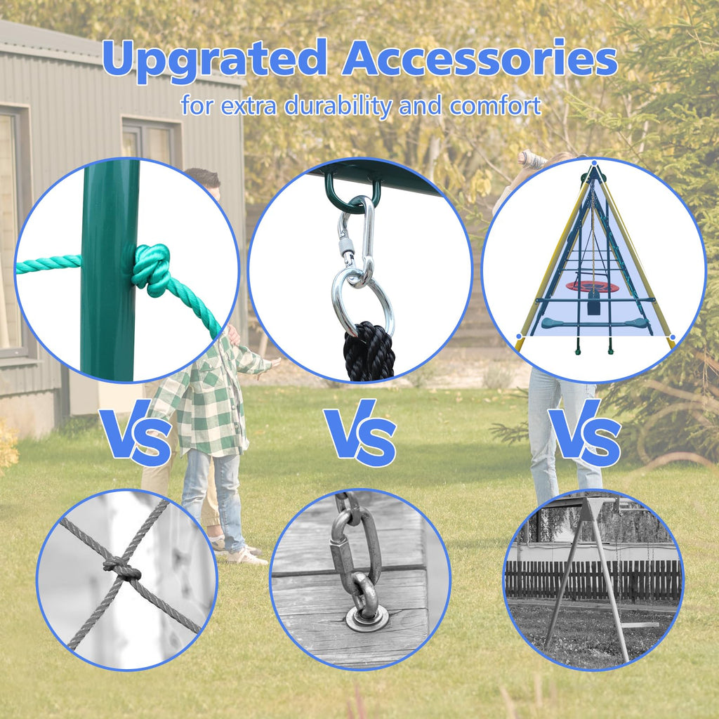 Metal Swing Sets for Backyard for Kids 3-12, 6 in 1 Swing Sets, Heavy-Duty Playground Backyard Set with 2 Swings