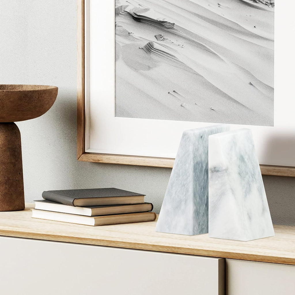 Polished Heavy Stone Marble 6" Book Ends for Bookshelf Decor, Home, Office or Kitchen Shelves. Heavy, Triangular, and