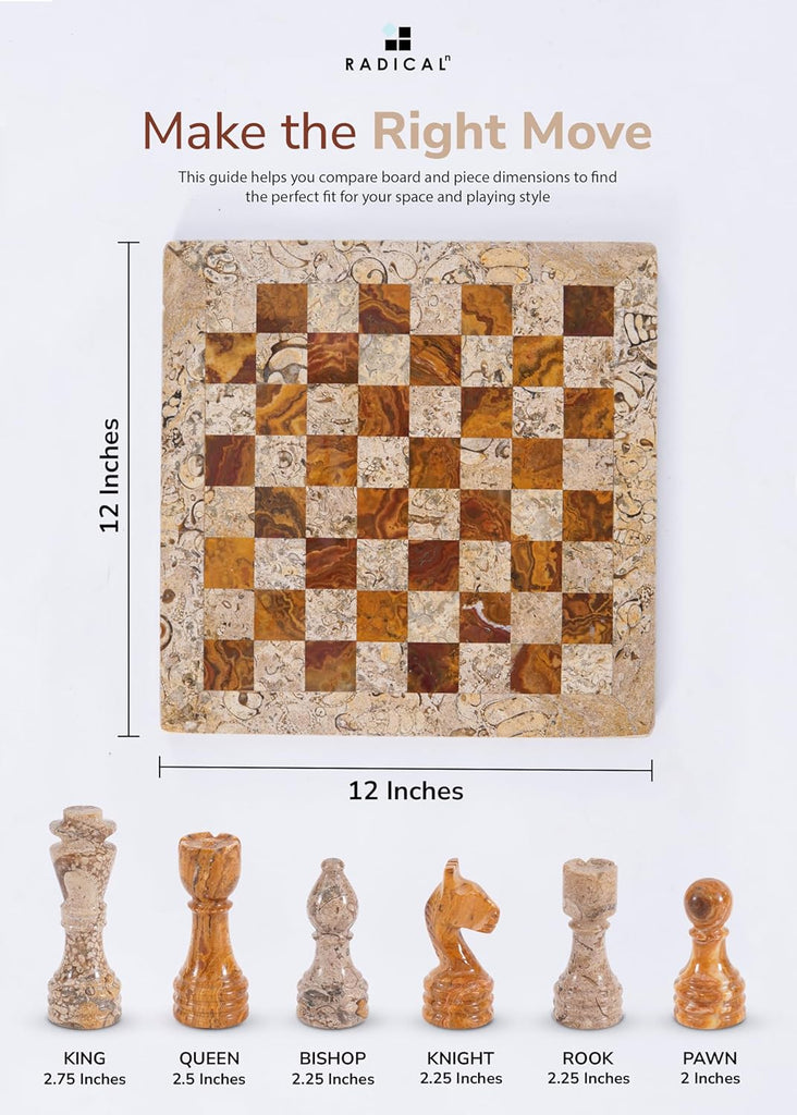 Marble Chess Set 12'' Inches Coral and Red Handmade Classic Board Games for Adults, Luxury Marble Chess Board & - Set of 33