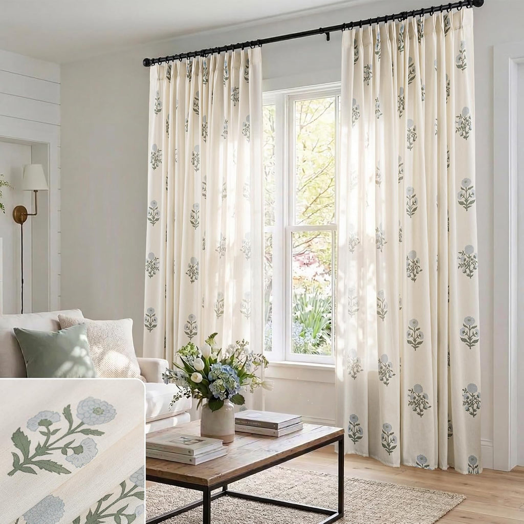 Floral Pinch Pleated Linen Curtains 96 Inch Long 2 Panel Set, Blue Green Grand Millenial Coastal Farmhouse Light