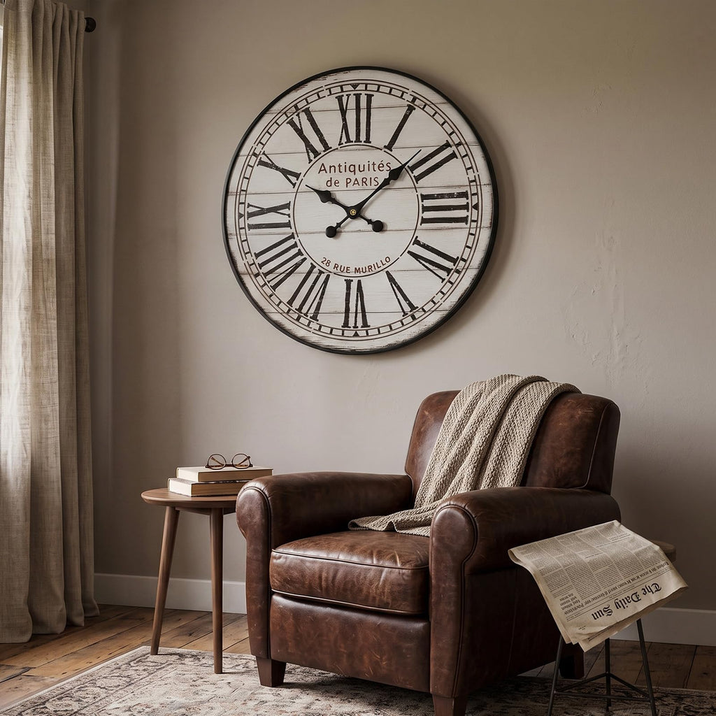 30 Inch Large Farmhouse Wall Clock, Vintage Distressed White