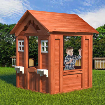 Kids Outdoor Playhouse with Door & 2 Windows - Wooden Backyard Play House for Ages 3-8 - 42"L x 46"W x 55"H - Easy