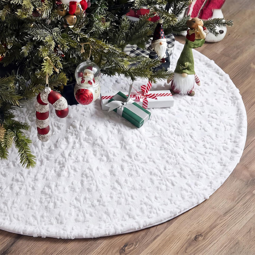 48 in 3D White Christmas Tree Skirt, Large Faux Fur Snowflakes Mat