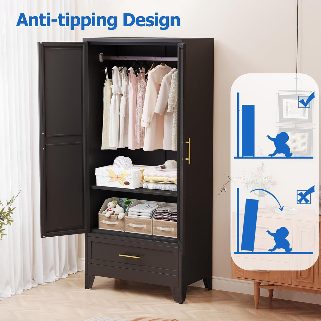 Steel Armoire Wardrobe Closet with Mirror Door and Drawer 71" Black | Household Wardrobe Cabinet with Hanging Rod