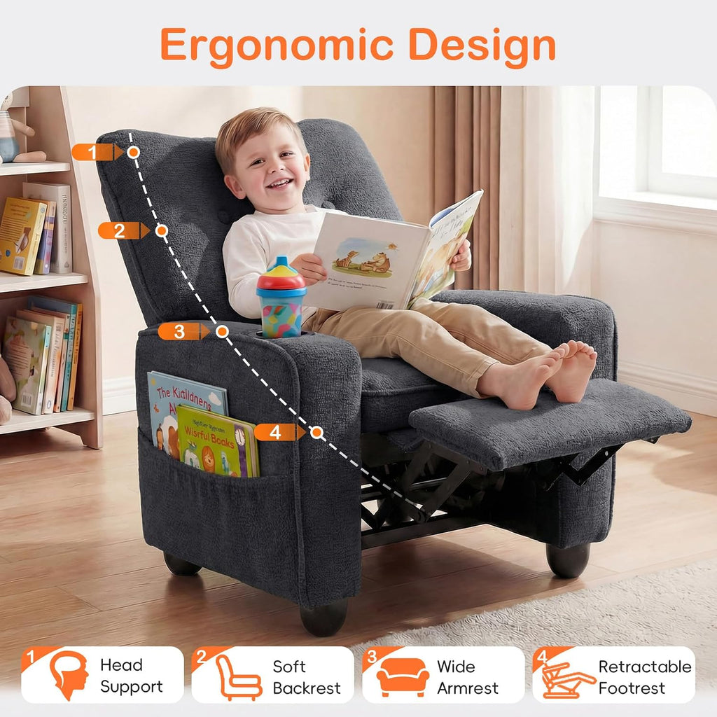 Kids Recliner, Toddler Lounge Chair with Adjustable Backrest Footrest Side Pockets Cup Holder 90 lbs Load, Velvet