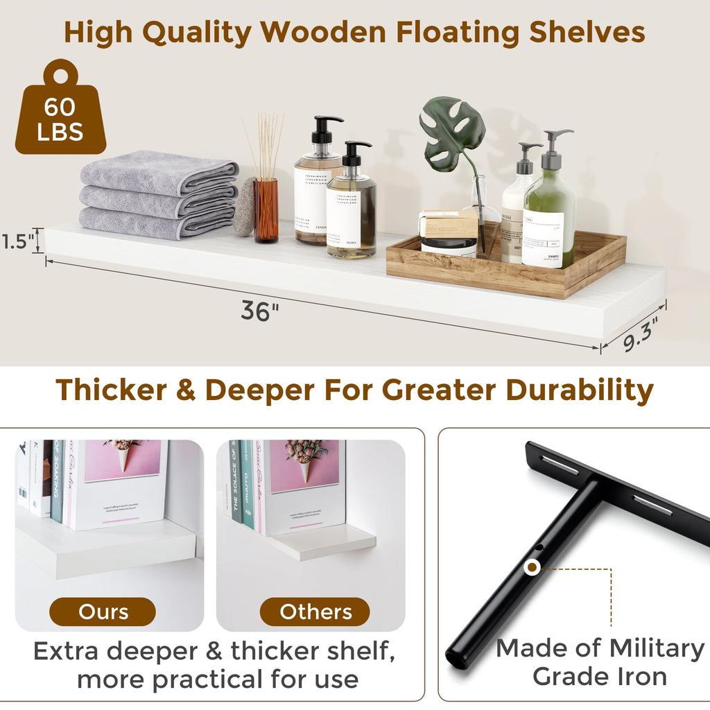 Floating Shelves for Wall, 36 inch White Wall Shelves Set of 2