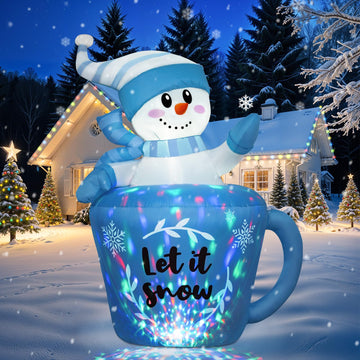 5FT Cute Christmas Inflatables Outdoor, Blue Inflatable Snowman in Mug