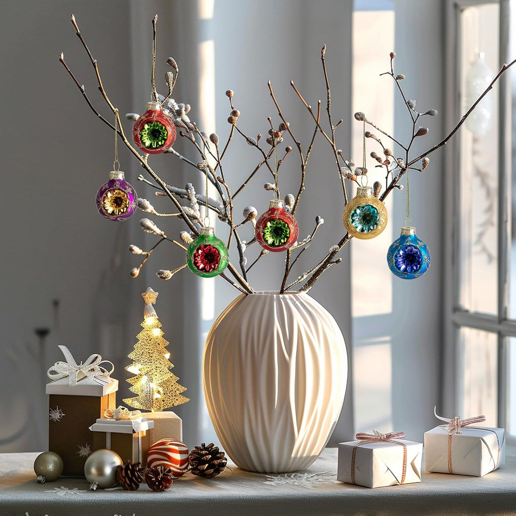 Christmas Glass Reflector Ball Ornament, 1.6'' Hanging Decoration - Set of 9