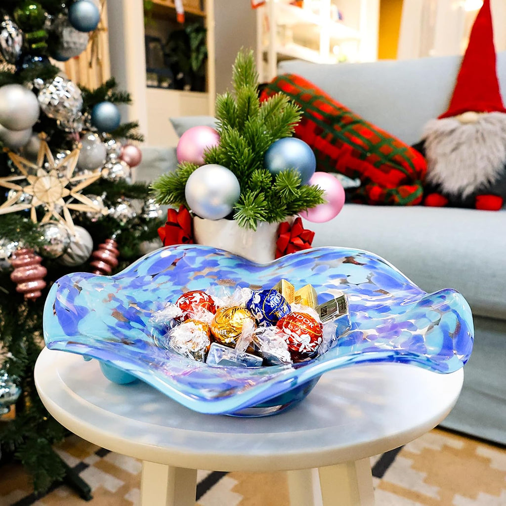 Hand Blown Murano-style Art Glass Bowl, 10.2-Inch Large Decorative Centerpiece for Table, Cobalt Blue Fruit Display &