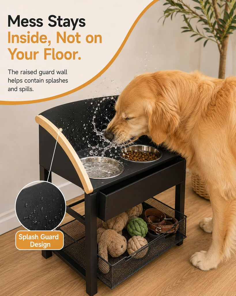 Elevated Dog Bowls for Large Breed Dogs with Storage Basket, 13 Inch Tilted Raised Dog Bowl Stand with Stainless