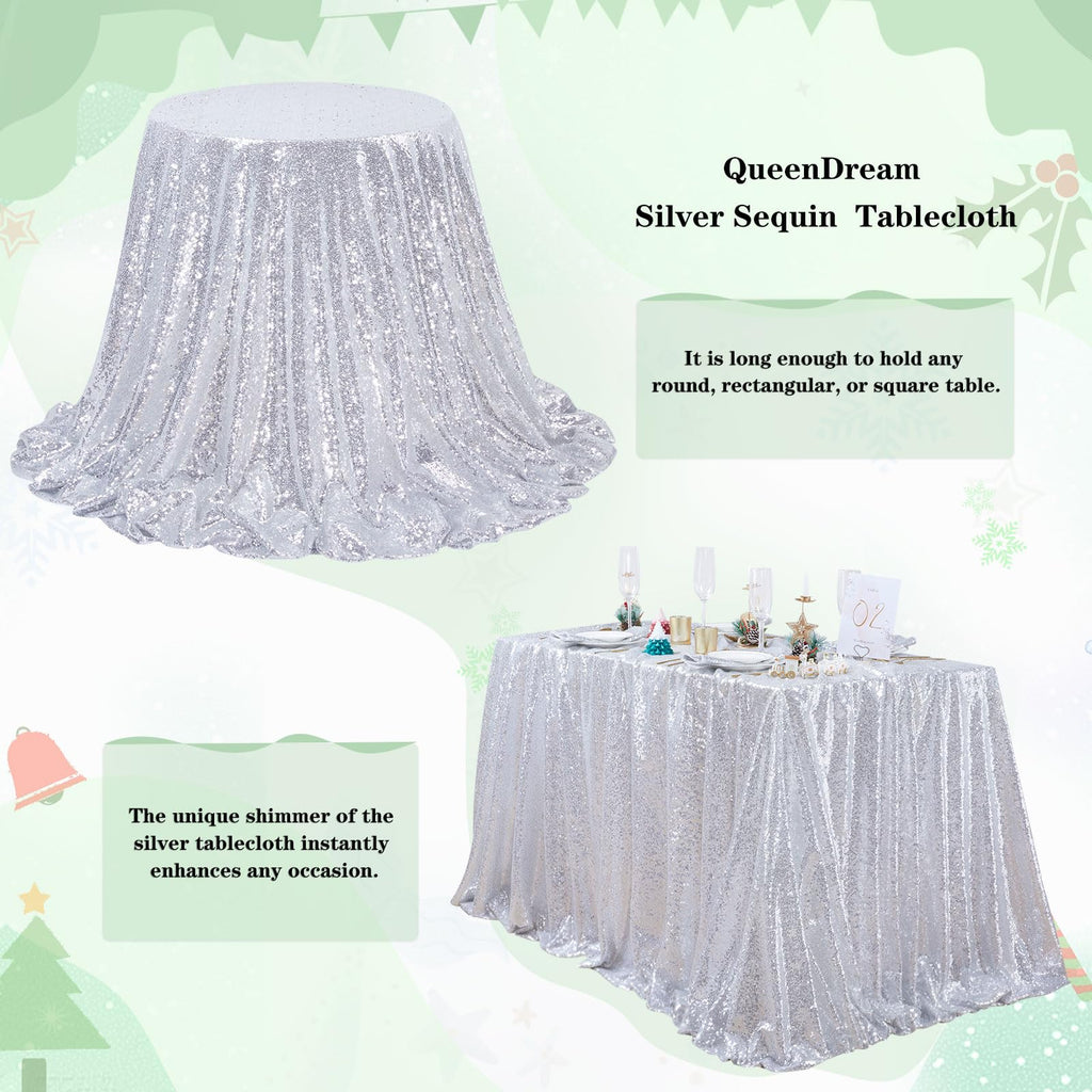 Sequin Tablecloth 60x102 Inch Silver Glitter Wedding Fabric for 6ft Table