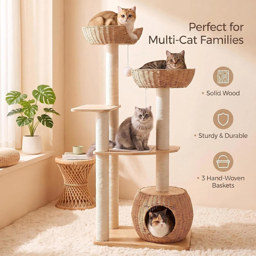 54in Wooden Cat Tree for Large Indoor Cats, Modern Tall Cat Tower