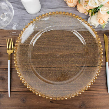 13" Charger Plates - Clear Gold Round Acrylic Disposable Chargers with Beaded Rim - Set of 12