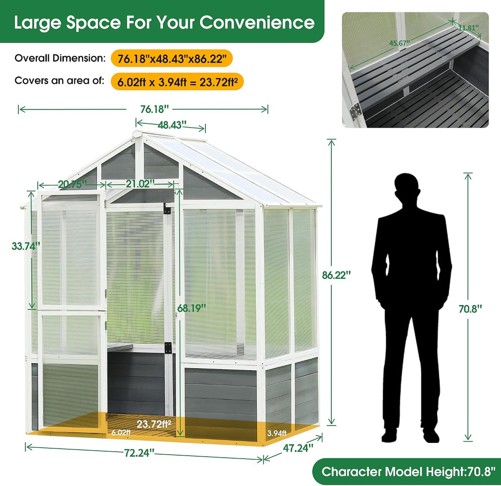 Wooden Greenhouse for Outdoors, Large Polycarbonate Greenhouse with Wooden Base, Lockable Door & 2 Shelves, Heavy