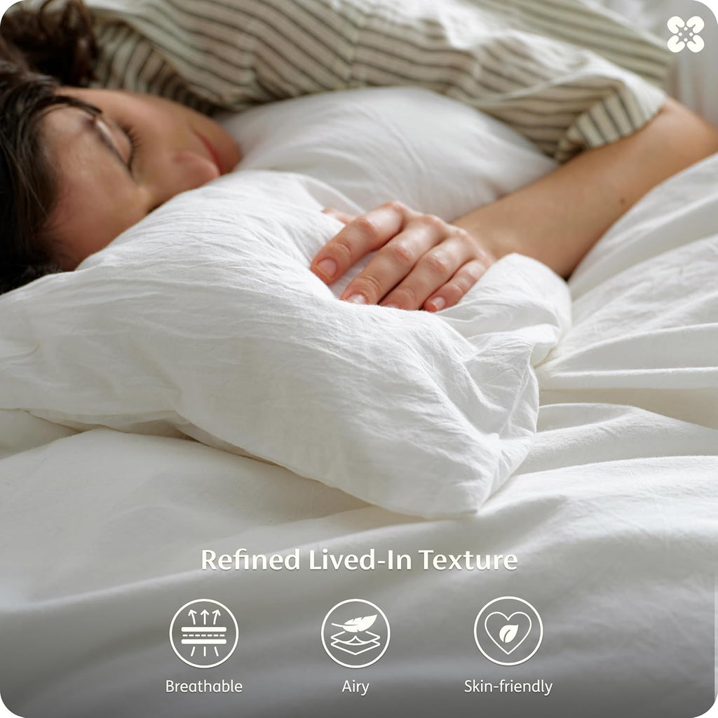 100% Washed Cotton Duvet Cover Queen - Natural White Minimalist Bedding Set Linen Like - PureWoven Plain Simple &