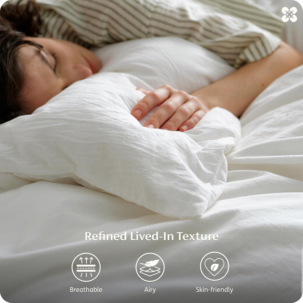 100% Washed Cotton Duvet Cover King - Natural White Minimalist Bedding Set Linen Like - PureWoven Plain Simple & Soft
