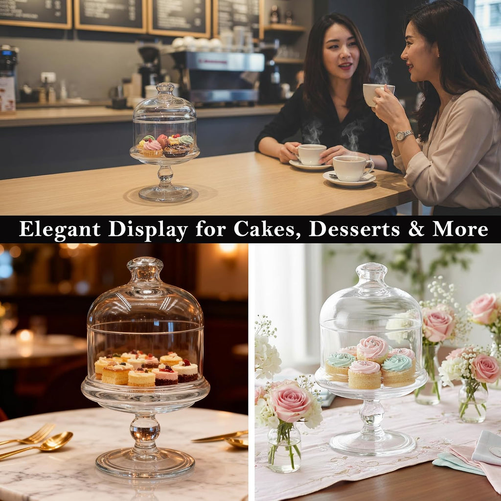 Glass Cake Stand with Dome, Clear Glass Cloche on Pedestal - Elegant Dessert Display for Cakes, Cupcakes, Cookies &