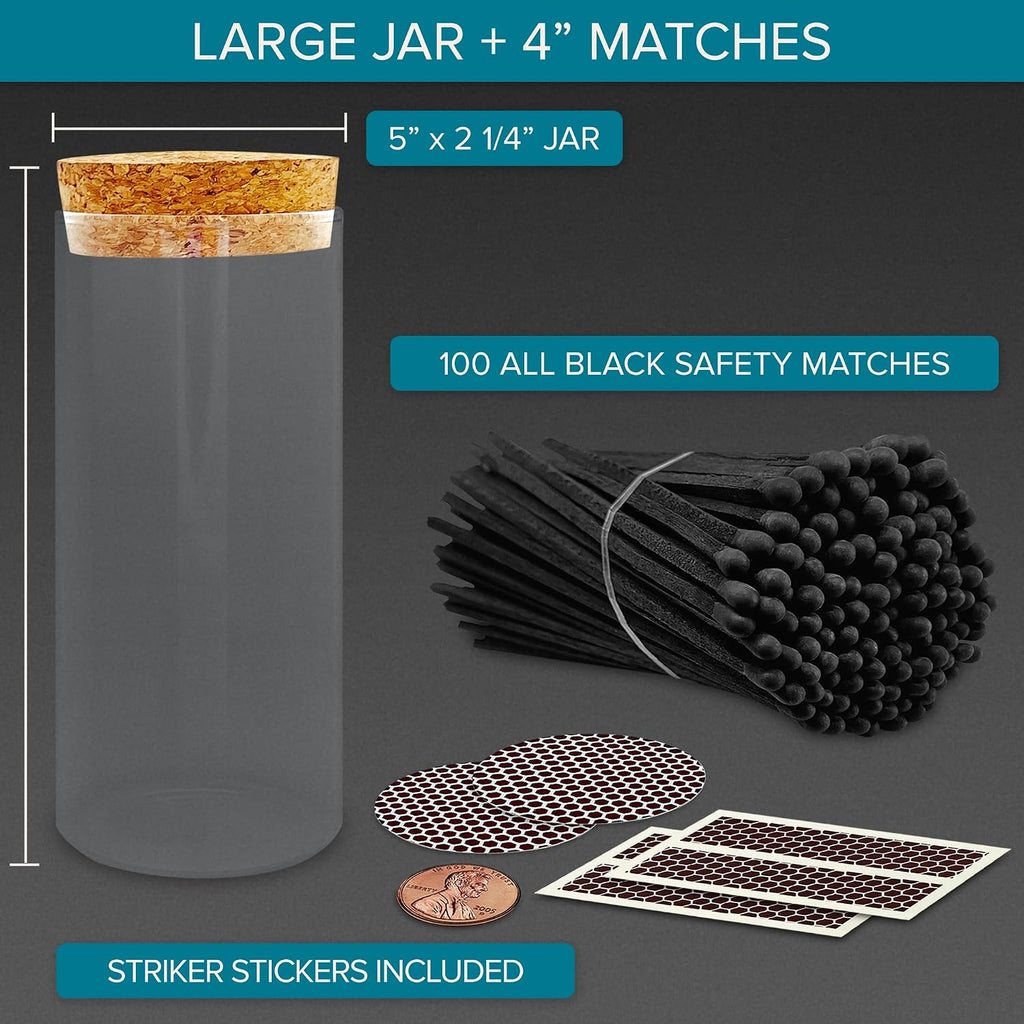 Decorative Matches in a Glass Jar | 4" All Black Long Matches (100 Match Sticks) + Cork Top Glass Holder + Striker