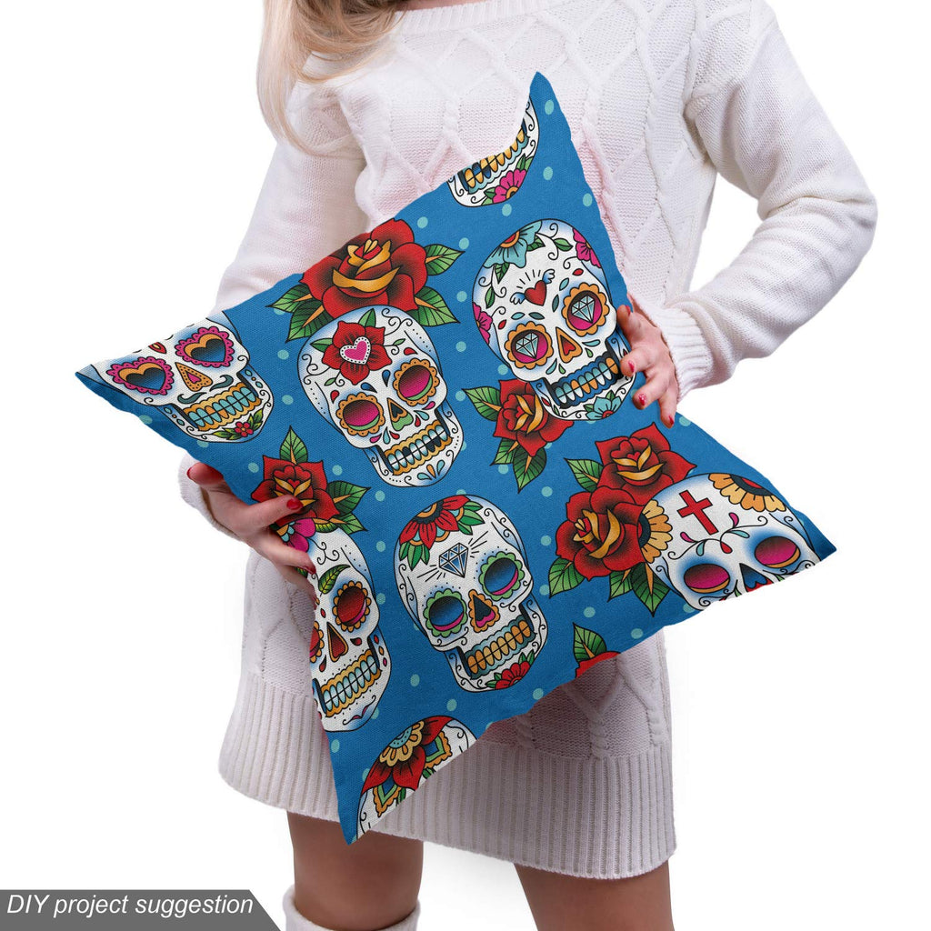 Sugar Skull Fabric by The Yard, Retro Style Mexican Cultural Pattern on Polka Dots Rose Bouquets Skeletons