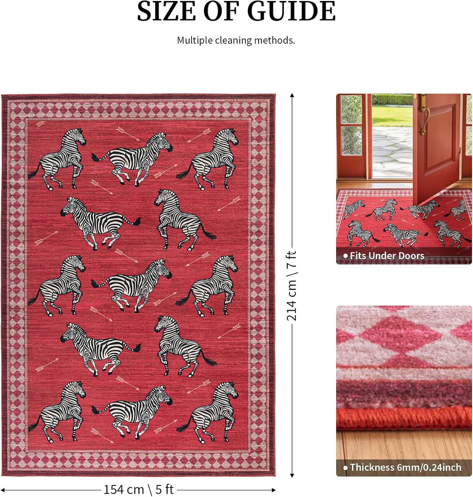 Red Zebra Area Rugs, Washable Animal Print Rug with Checkered Border, Non-Slip Low Pile Mid-Century Modern Carpet