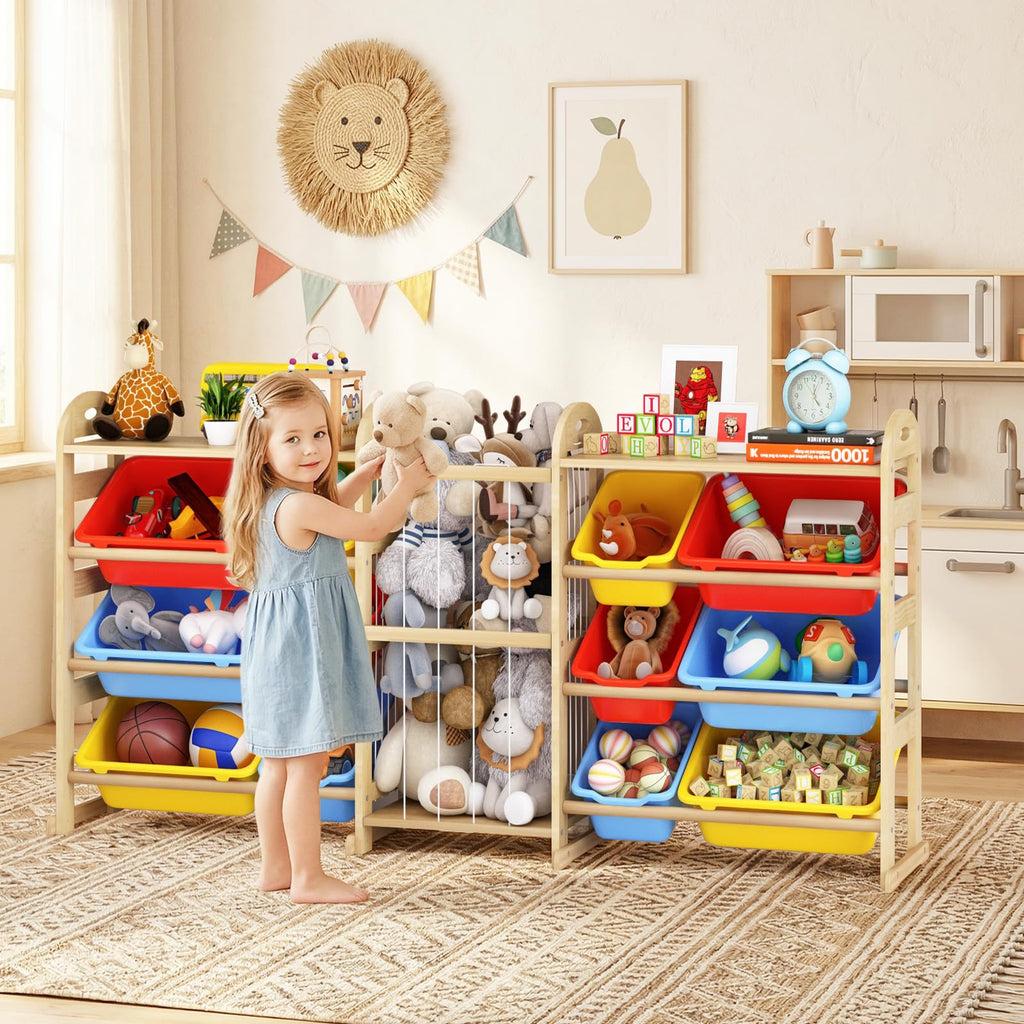 Toy Storage Organizer with Stuffed Animal Storage, 66.1"W Multi Color, 2-Shelf Bookcase / Bookshelf with 12 Toy Bins