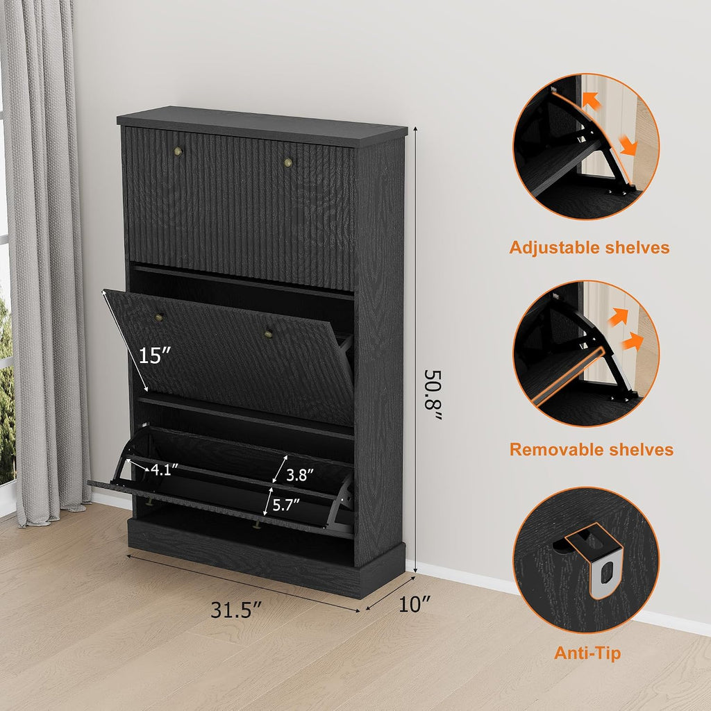 Fluted Shoe Cabinet Storage with 3 Flip Drawers, Wooden Fluted Narrow Shoe Organizer with Adjustable and Removable