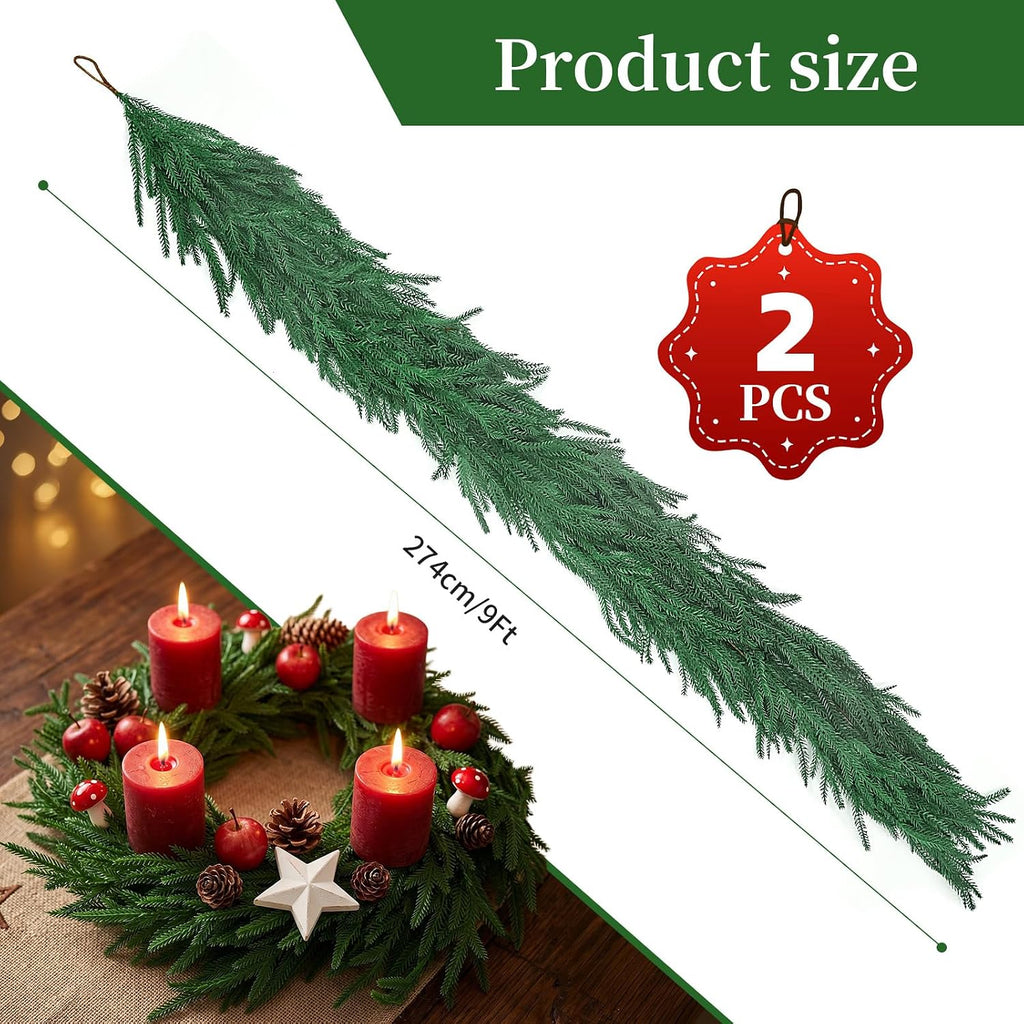 9Ft 2Pcs Artificial Norfolk Pine Garland, Real Touch Faux Greenery for Fireplace Mantel Staircase Wall, Christmas