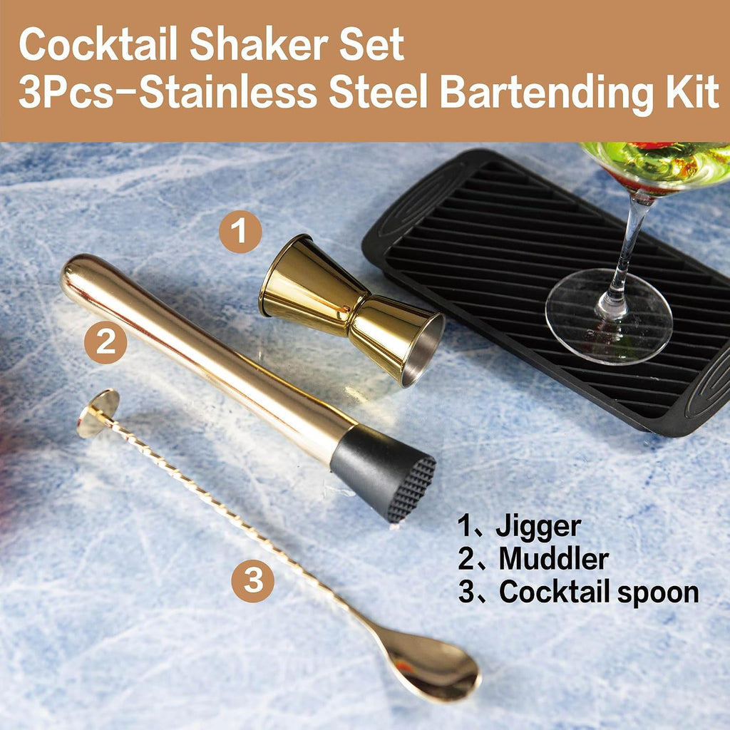 3-Pcs Gold Muddler & Mixing Tools Set, 10" Muddler, 12" Cocktail Spoon & 1 oz/2 oz Double Jigger, Bar Tool Set - Set of 3