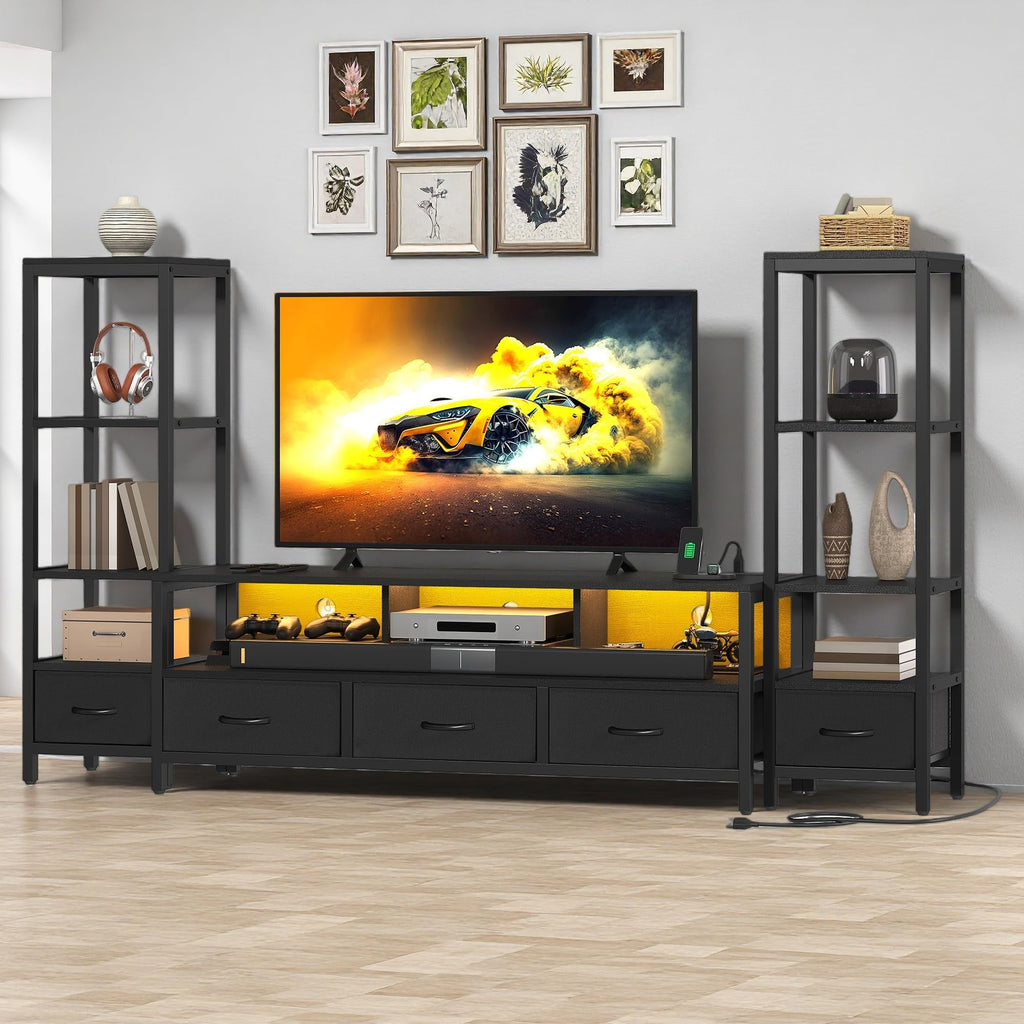Industrial LED TV Stand for 65 Inch TVs, Bookshelves, Black