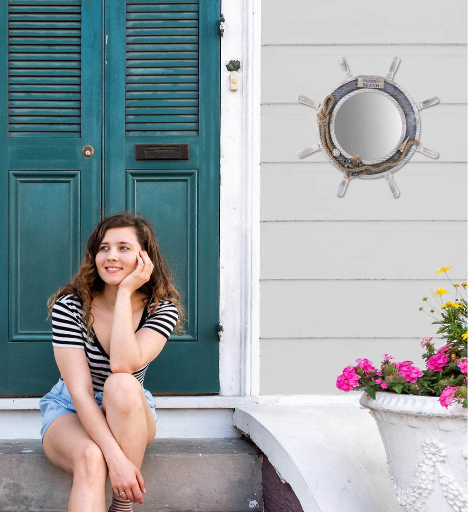Silver Sea Beach Wall Decor Nautical Ship Wheel Mirror - Handcrafted Wooden Ship Wheel Mirror with Hanger, Nautical