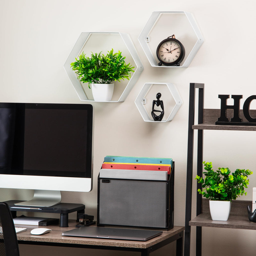 Hexagon Floating Shelves, Wall Decor, Honeycomb Accent Shelf, Office, Metal Mesh, 14" L x 4" W x 12" H, Set of 3