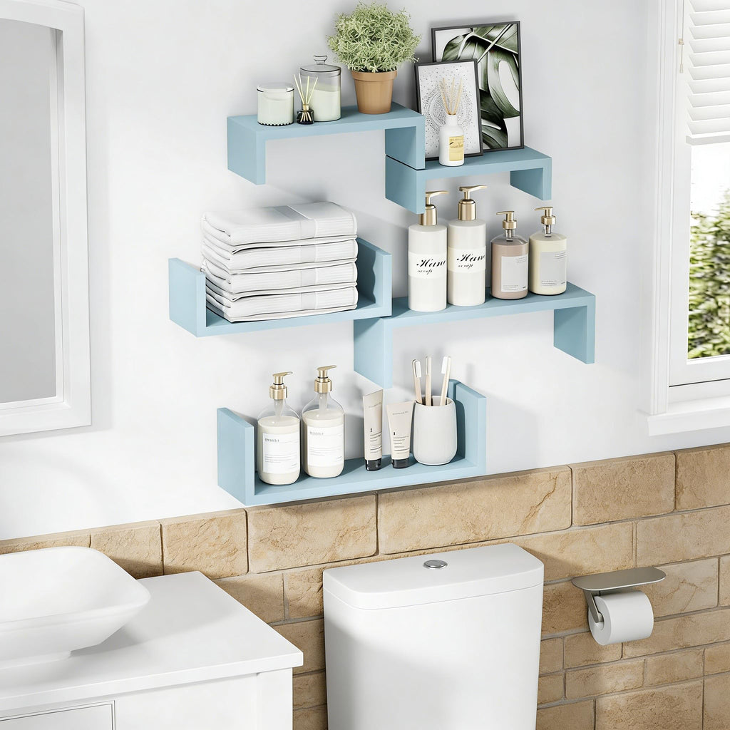 Blue Floating Shelves, Set of 5 Wood Wall Mounted Display Shelf