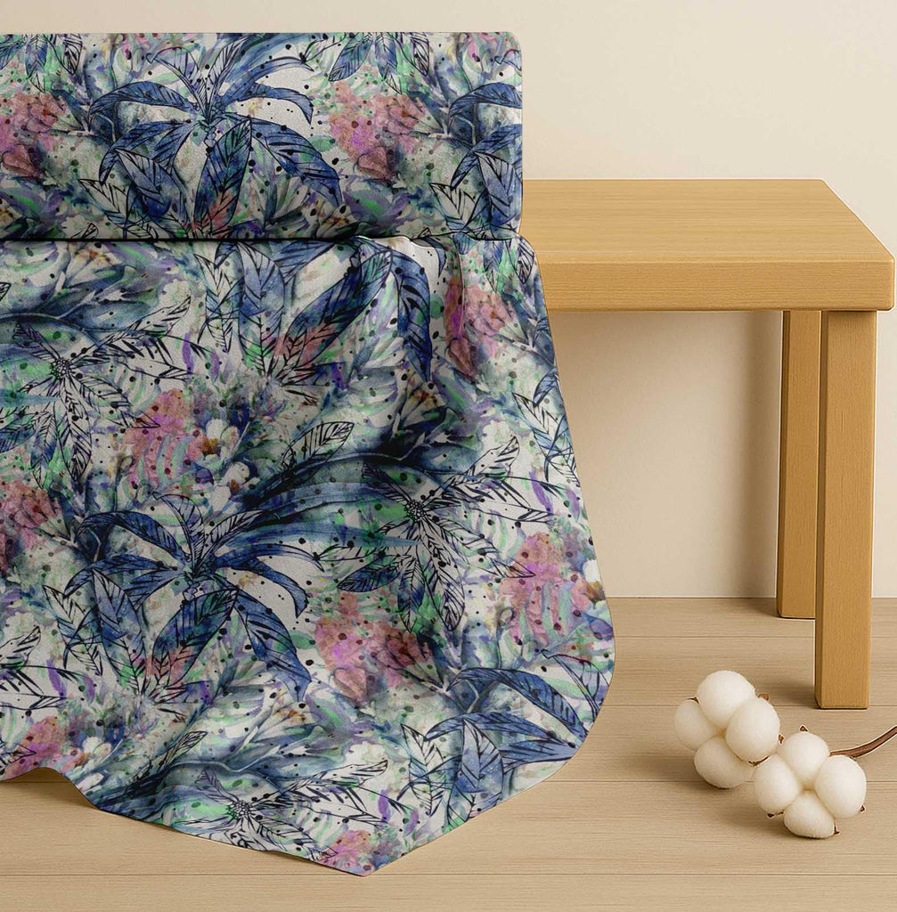 Cotton Voile Blue Fabric - by The Yard - 56 Inch Wide - Flower & Leaves Watercolor Palette Material - Botanical and
