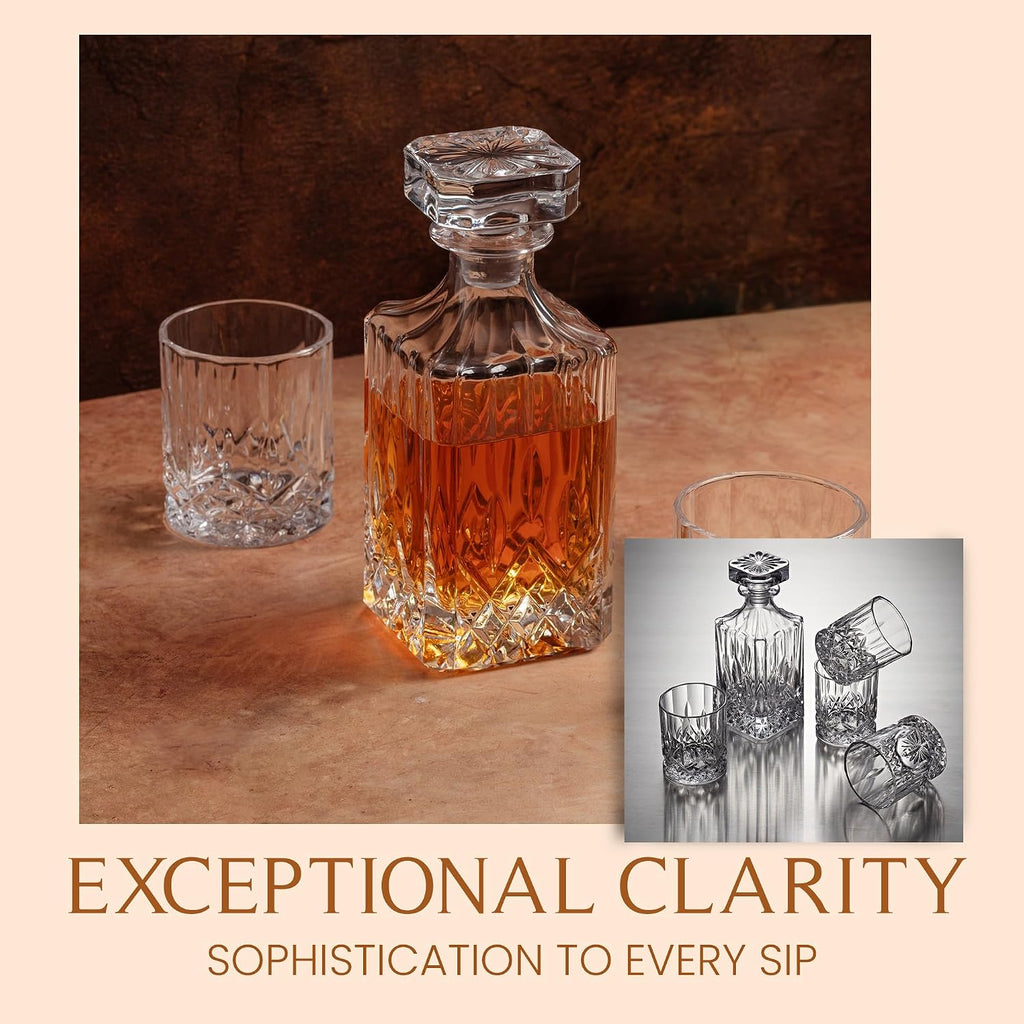 Ry Whiskey Decanter Gift Set - 25oz Crystal Decanter, 4 Old-Fashioned Glasses, 4 Slate Coasters with Diamond Pattern - Set of 9