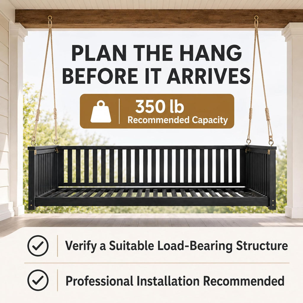 Outdoor Porch Swing Bed, Twin Size Acacia Wood Daybed (Black) | Acacia Wood Frame, Hemp Ropes, Fits Twin Mattress