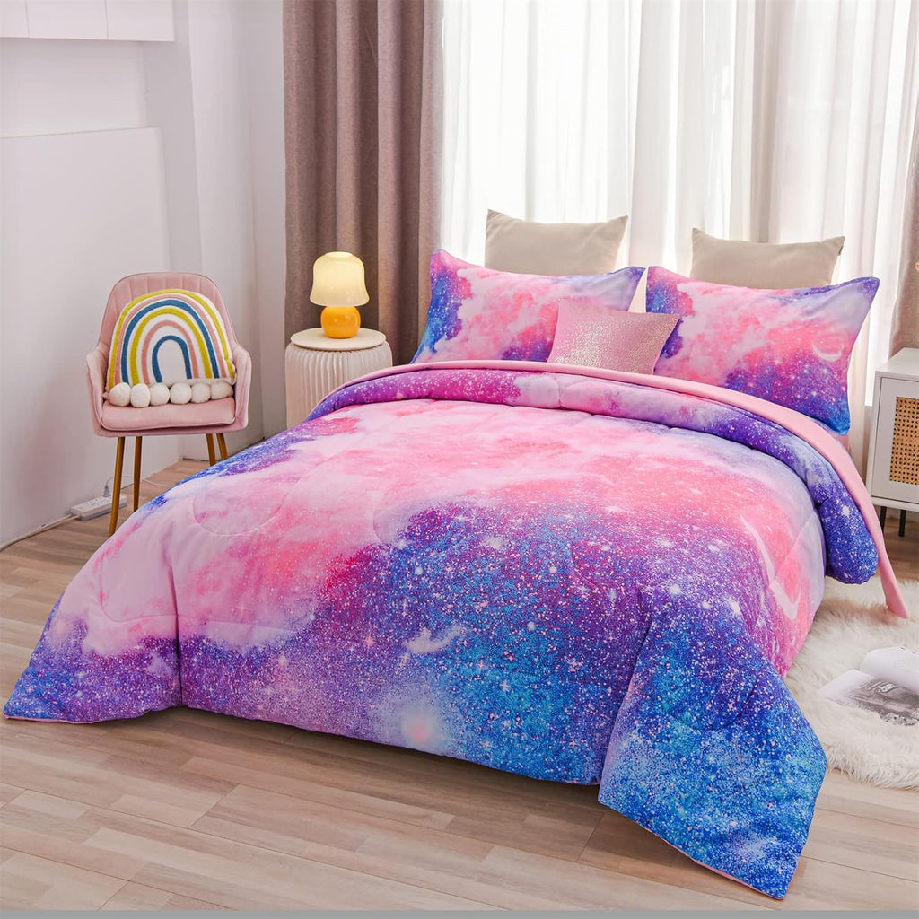 Galaxy Bedding Sets Outer Space Comforter 3D Printed Space Quilt Set Full 6Pcs Glitter Pink,for Children Boy Girl