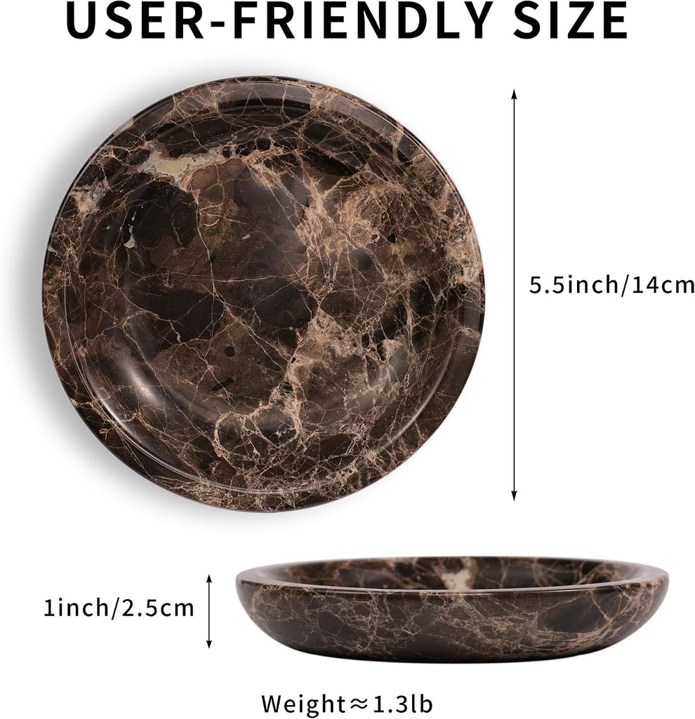 Brown Marble Jewelry Tray - Stone Trinket Ring Key Purse Holder Dish, Small Cute Round Plate Decorative Bowl