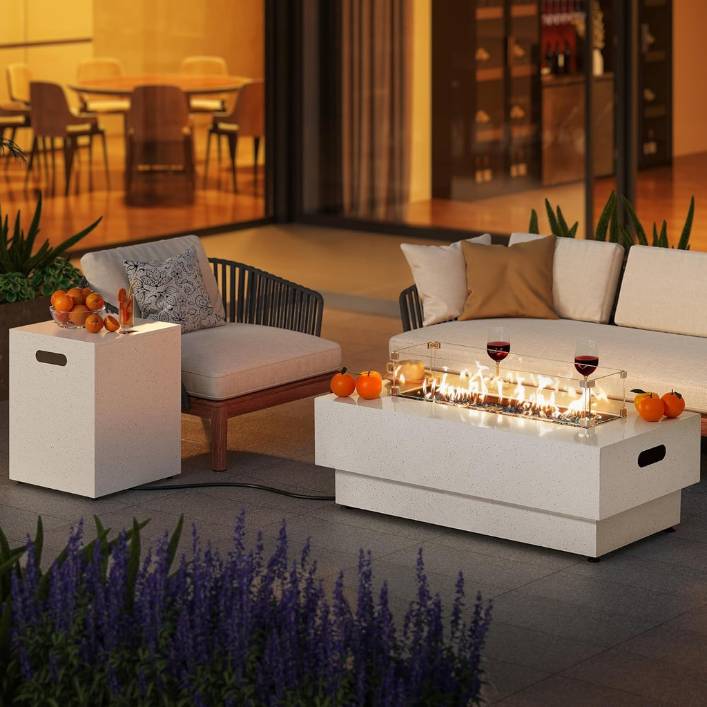 43-inch Outdoor Propane Fire Pit Table w Tank Table, CSA Certified, 2 in 1 Rectangular Patio Fire Pit w Glass Rocks