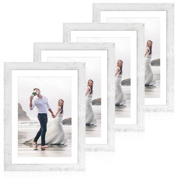 10x14 Picture Frame Set of 4 with Tempered Glass, Distressed White Frame Display 8x12 Picture with Mat or 10 x 14
