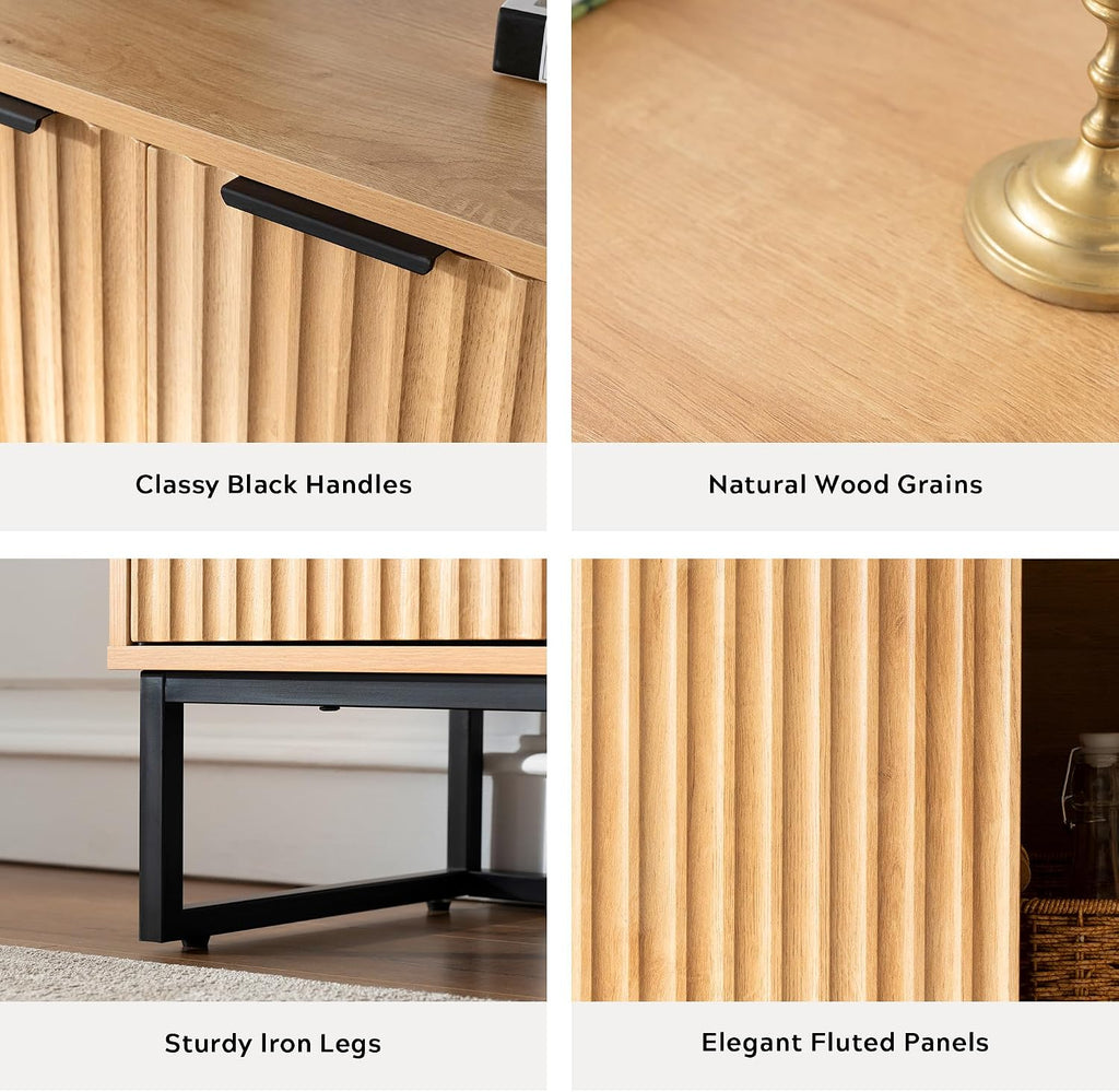 Fluted Storage Cabinet with 3 Doors, Sideboard Buffet Cabinets, Modern Accent Cabinets with Adjustable Shelves