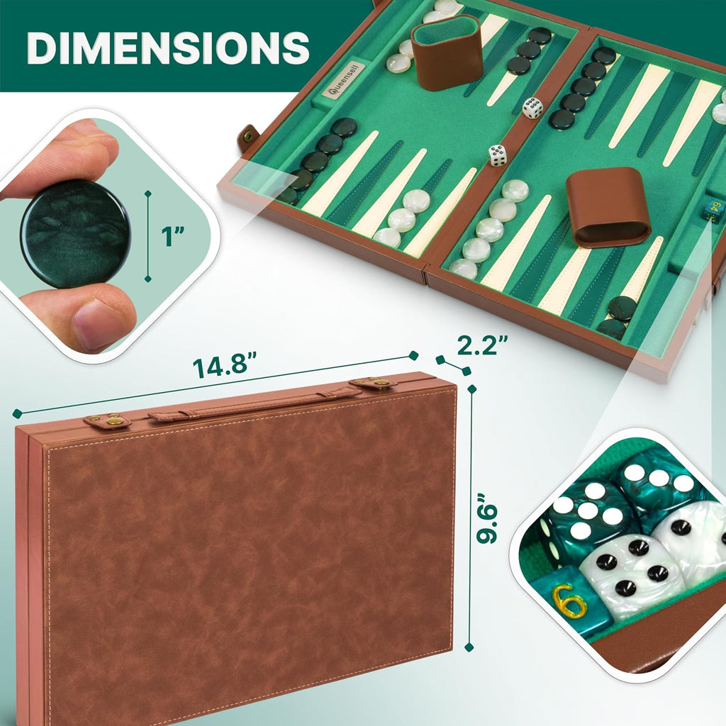 Backgammon Sets for Adults 15 Inch - Premium Faux Suede Leather Backgammon Board Game Set with 32 Chips, Dice Cups &