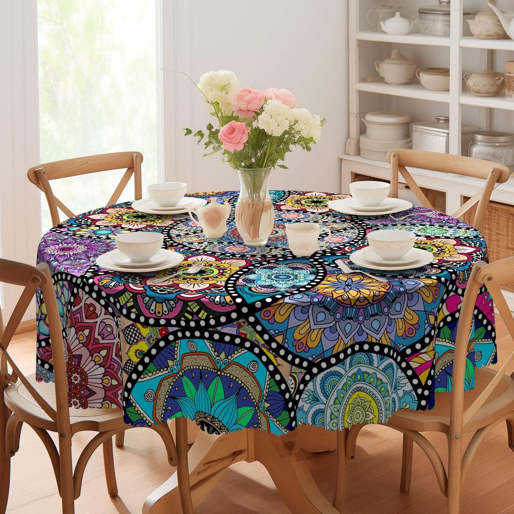 Boho Round Tablecloth, 70inch Bohemia Stain-Resistant Table Cover