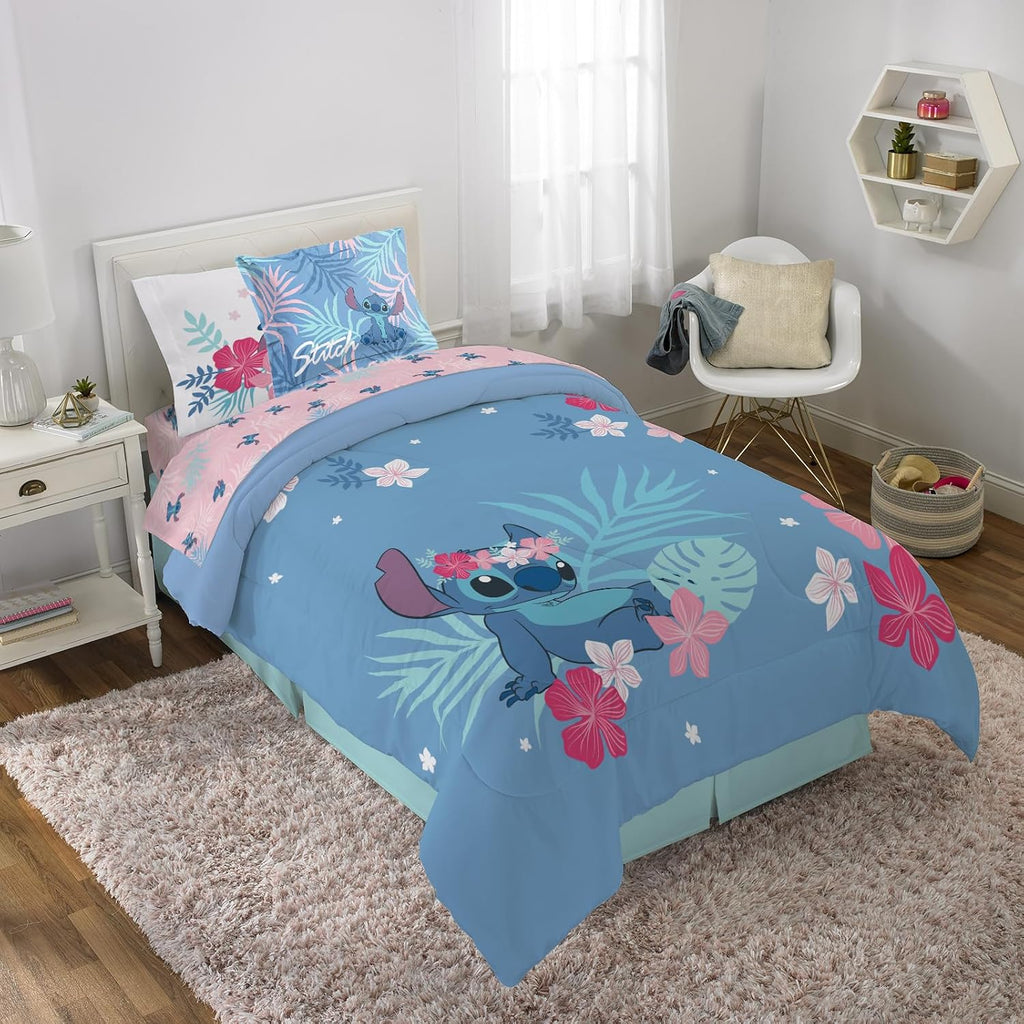 Lilo & Stitch Twin Comforter Set - 5 Piece Kids Bed in a Bag Reversible Comforter & Sheet Set, Girls Twin Bedding