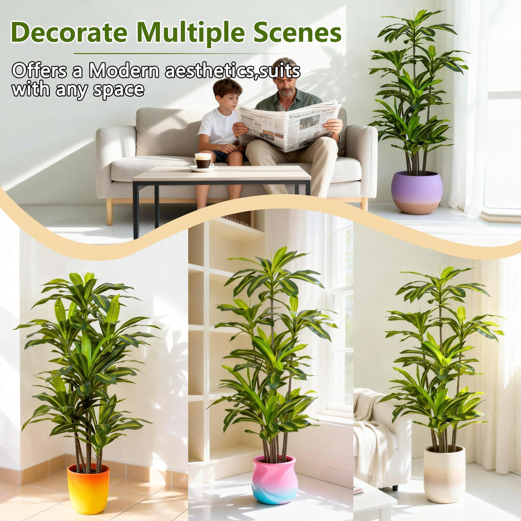 Artificial Dracaena Tree 6FT - Fake Tree with Black Planter - Faux Yucca Tall Fake Floor Plant in Pot - Artificial
