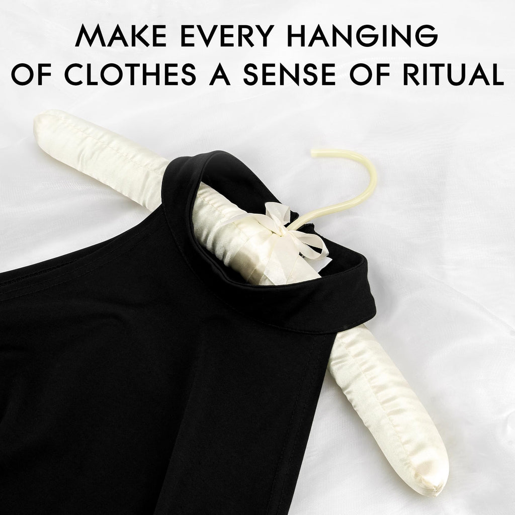 Women's Satin Padded Hangers - 15" Foam-Filled Wooden Clothes Hangers with No Shoulder Bumps, Bow Accent, for