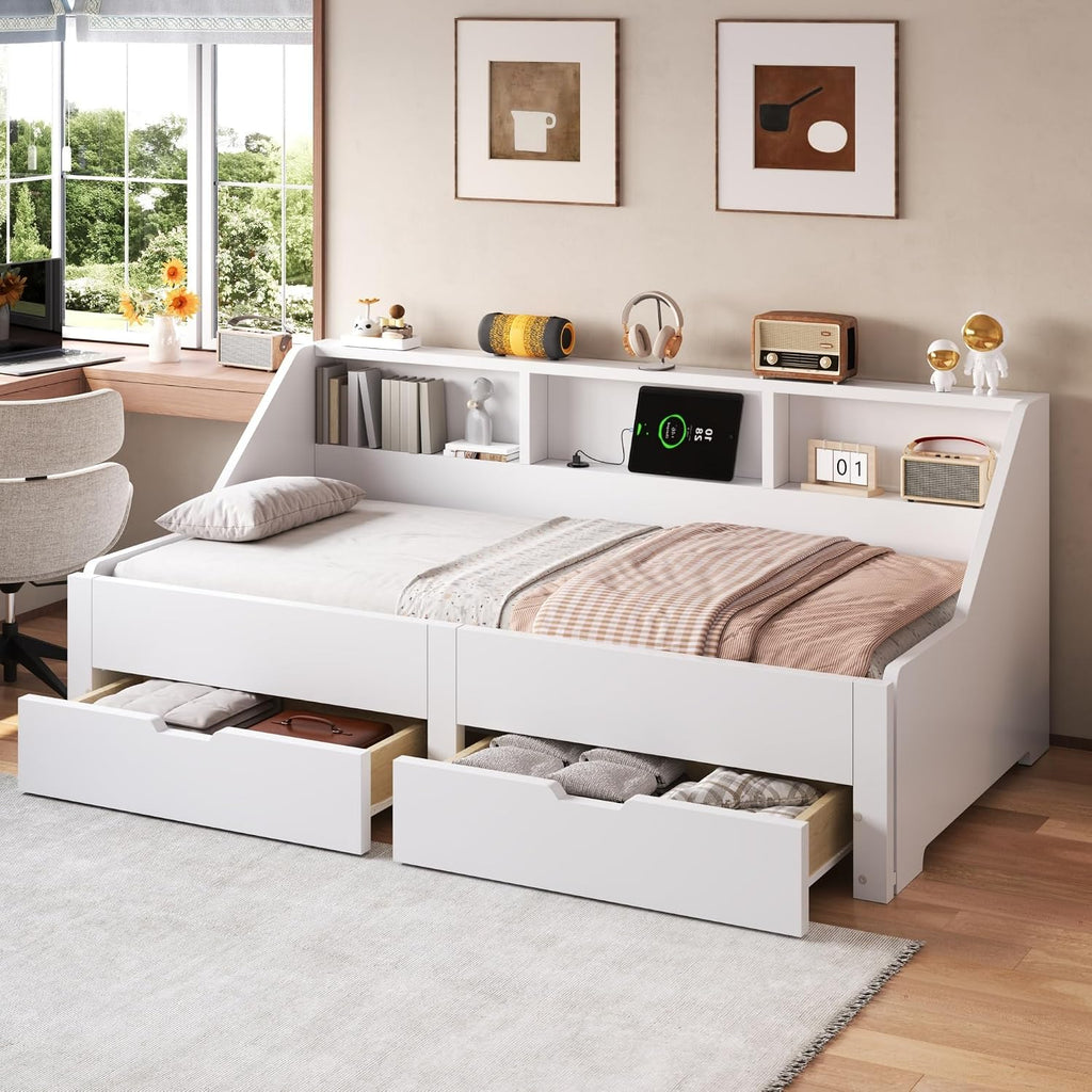 Wood Twin to King Daybed, Twin Size Day Bed with Pop Up Trundle & Storage Drawers, Modern Corner Bed Frame with