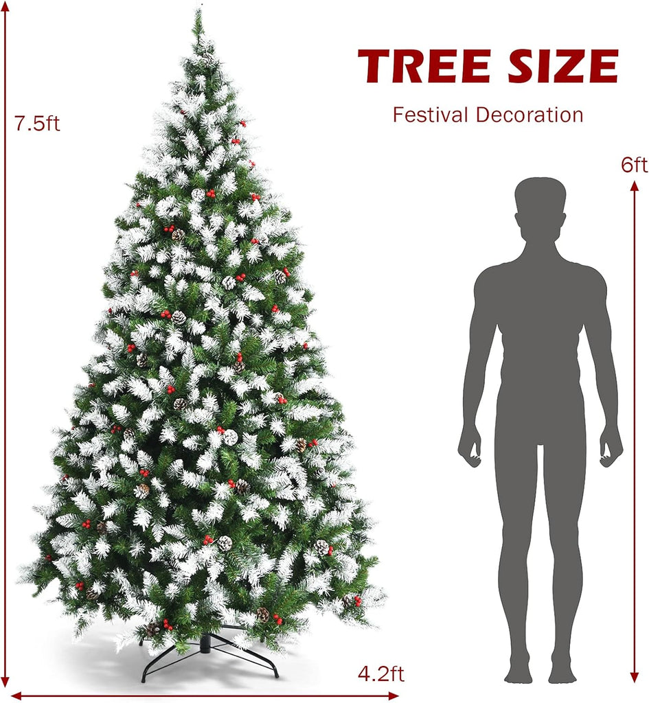 7.5ft Pre-lit Artificial Christmas Tree, Hinged Snow Flocked Xmas Tree w/Pine Cones, Red Berries & 550 LED Lights, 8
