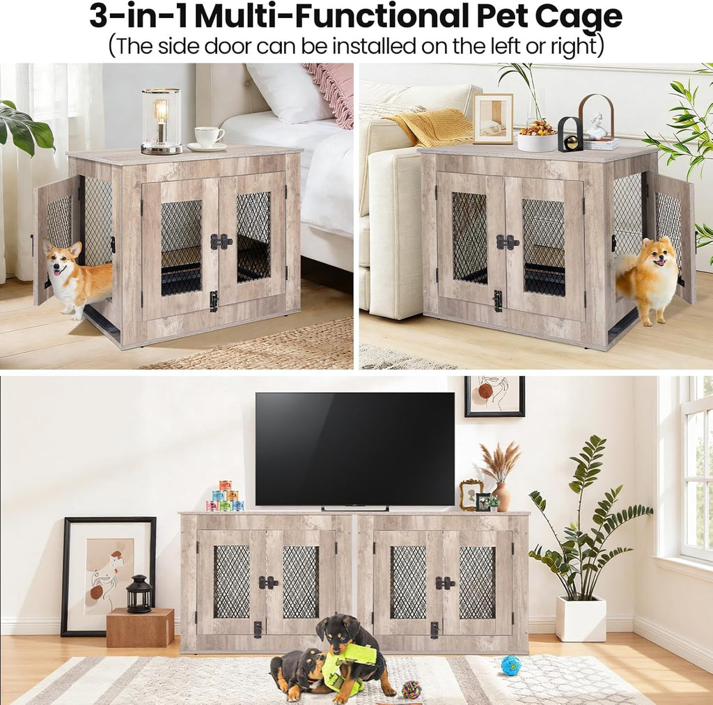 Wooden Dog Crate Furniture - Wire Mesh Door Decorative Dog Kennel End Table for Puppies, Cats, Rabbits
